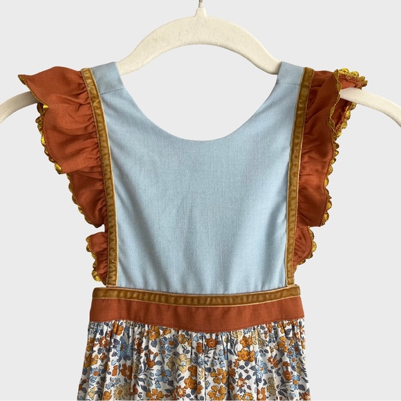 Busy Bee Smocks Honey Floral Ruffle Hem Romper Overalls Blue Rust Gold 18M - Picture 3 of 11